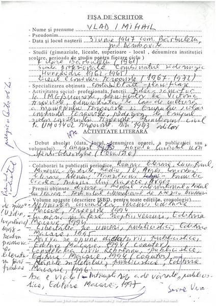 M-1302-1 - Fisa de scriitor VLAD I. MIHAIL